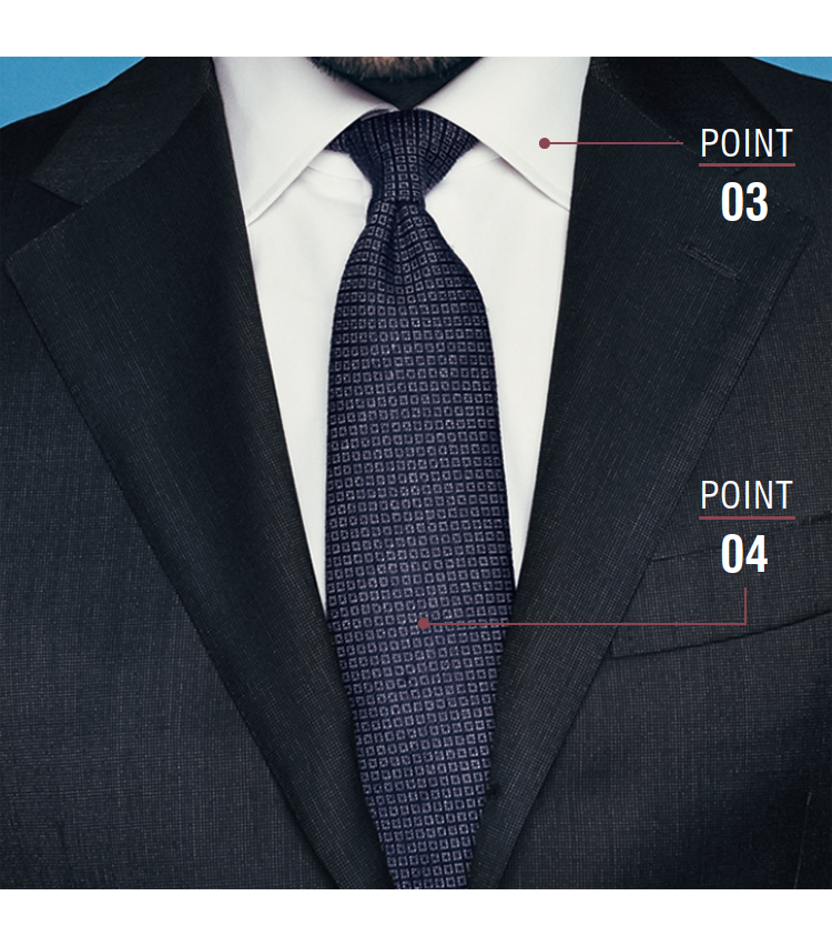 <p><strong>【POINT 03】白ブロードのレギュラーシャツ<br />
【POINT 04】グレーか紺系の無地、もしくはマイクロ小紋</strong></p>
