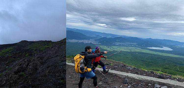 左：山小屋から山頂　右：下山途中の休憩