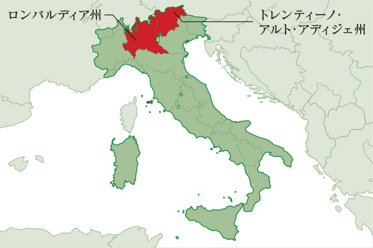 ロンバルディア州、トレンティーノ・アルト・アディジェ州地図