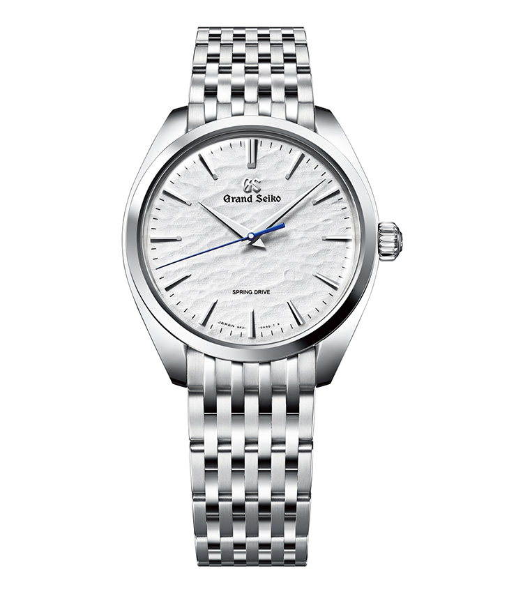 <p><b>GRAND SEIKO（グランドセイコー）<br />
エレガンスコレクション SBGY013</b><br />
<br />
<b>白銀に凍てつく諏訪湖の色を映す</b><br />
諏訪湖の真冬の自然現象御神渡りを型打ちダイヤルで表現。9連ブレスとの組み合わせで、クラシカルでエレガントな印象となった。手巻きスプリングドライブ。径38.5mm。SSケース&ブレスレット。104万5000円（セイコーウオッチお客様相談室）</p>
