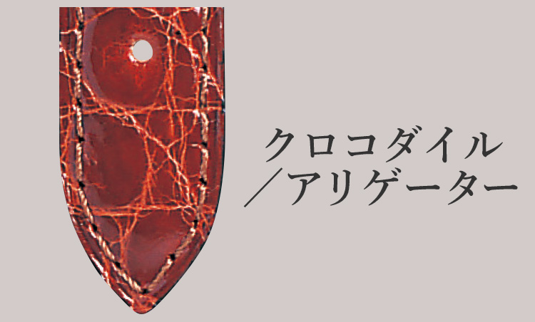 <p><strong>クロコダイル／アリゲーター</strong><br />
高級時計に用いられるベルト素材であるワニの革。肚側のレザーの中でも中央部が高価。</p>
