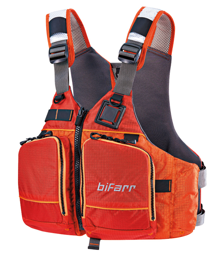 <p><strong>biFarr オルノス　2万7500円</strong><br />様々なマリンスポーツに向けて作られた高性能ライフジャケット。高いナイロン製生地を使いつつ、裏地はメッシュ生地にして蒸れを防止している。</p>
