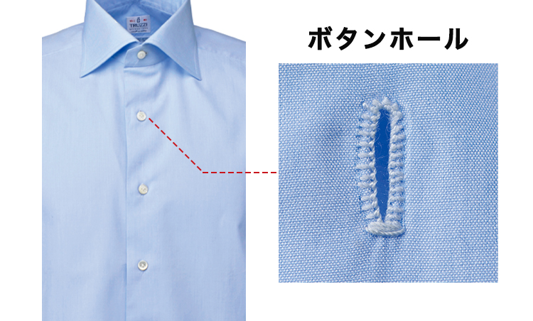 <p><strong><big>ボタンホール</big></strong></p>
<p>ほつれやすい箇所なので、上質なシャツは手縫いする。</p>
