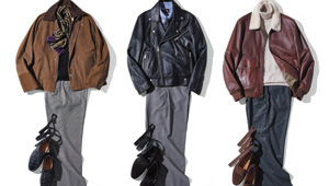 ブルゾン丈のレザージャケットにはドレスマインドなワイドパンツを選ぶのが鍵