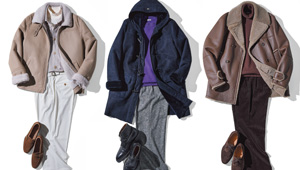 冬の主役コート、ムートンはトラッドパンツの素朴さで艶っぽさを抑えるとよし