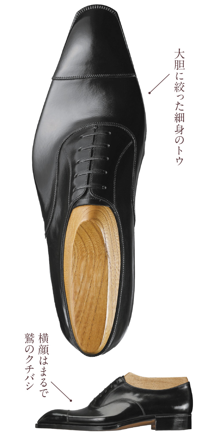 「大胆に絞った細身のトウ」「横顔はまるで鷲のクチバシ」